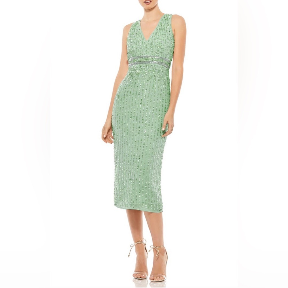 Mac Duggal Sage Green Sequined Sleeveless V-Neck Midi Sheath Dress Size 16